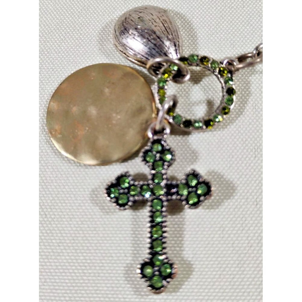 Vintage Christian Charm Necklace with Green Rhinestone Encrusted Cross & 2 More